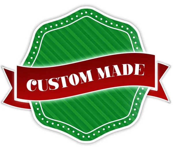 Emblema verde com texto CUSTOM MADE na fita vermelha . — Fotografia de Stock