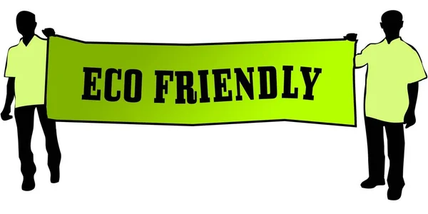 Eco Friendly op een groene banner gedragen door twee mannen. — Stockfoto