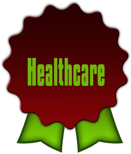 HEALTHCARE on red seal with green ribbons. — Stock Photo, Image