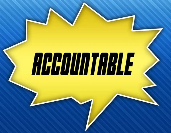 Bright yellow speech bubble with ACCOUNTABLE message. Blue striped background.