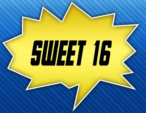 Bright yellow speech bubble with SWEET 16 message. Blue striped background.