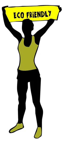 Спортивний жіночий силует, що тримає жовтий знак прапора з ECO FRIENDLY text . — стокове фото