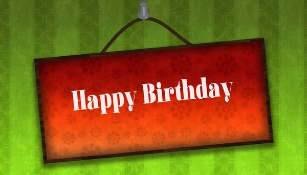 HAPPY BIRTHDAY text on hanging orange board. Green striped wallp — Stock Photo, Image