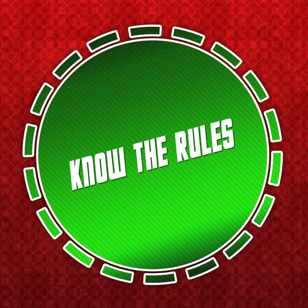 Green KNOW THE RULES badge on red pattern background. — Stock Photo, Image