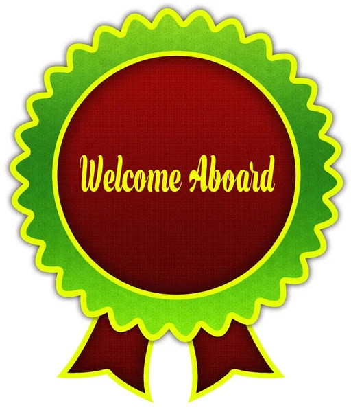 WELCOME ABOARD on red and green round ribbon badge. — Stock Photo, Image