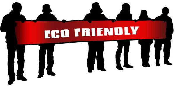 Eco Friendly op rode banner gehouden door mensen silhouetten op rally. — Stockfoto