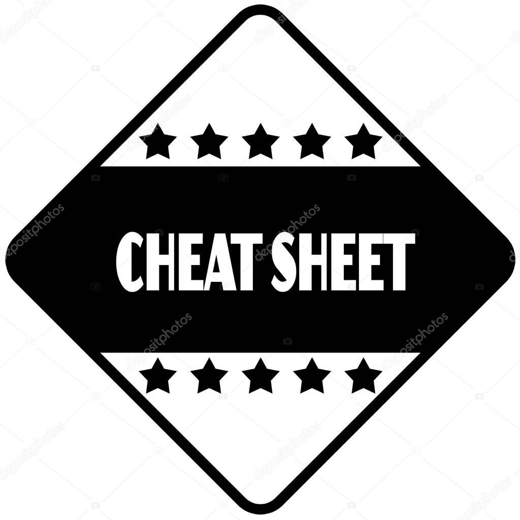 CHEAT SHEET on black diamond shaped sticker label. Illustration