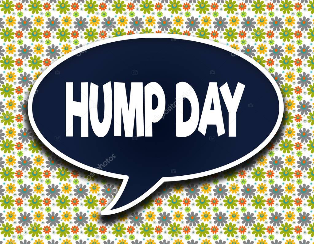 Dark blue word balloon with HUMP DAY text message. Flowers wallpaper background.
