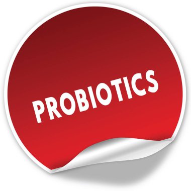 Probiyotikler metin gerçekçi kırmızı etiket beyaz arka plan üzerinde.