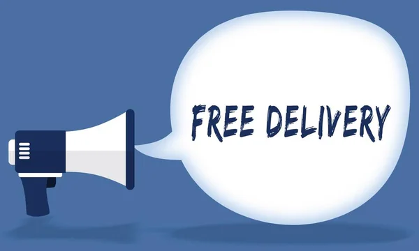 FREE DELIVERY writing in speech bubble with megaphone or loudspeaker.