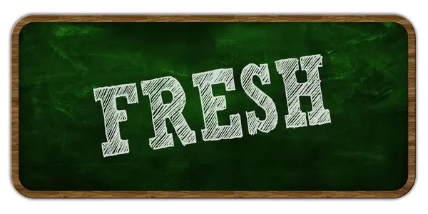 FRESH written with chalk on green chalkboard. Wooden frame. — Stock Photo, Image