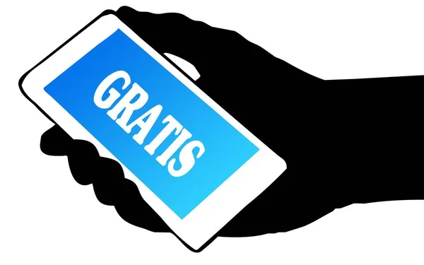 Silueta de mano que sostiene el teléfono con texto GRATIS . — Foto de Stock