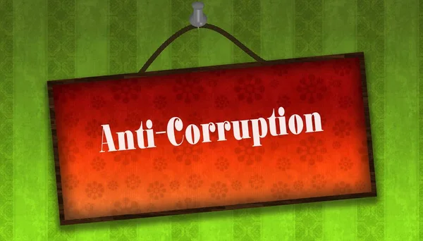 Proti korupci text na zavěšení oranžová deska. Zelená pruhovaná stěna — Stock fotografie
