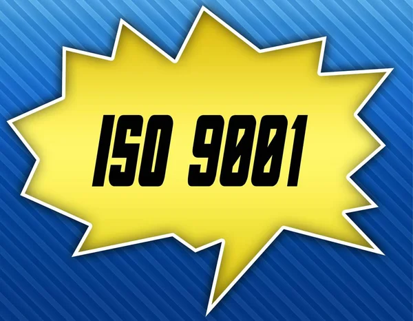 Iso 9001 메시지와 함께 밝은 노란색 연설 거품이 있다입니다. 블루 줄무늬 배경. — 스톡 사진