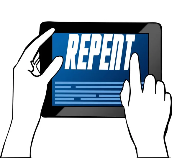 Mano señalando el texto REPENT en la tableta. Ilustración . — Foto de Stock