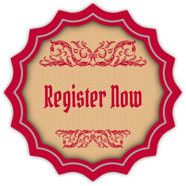 Retro REGISTER NOW magenta badge.