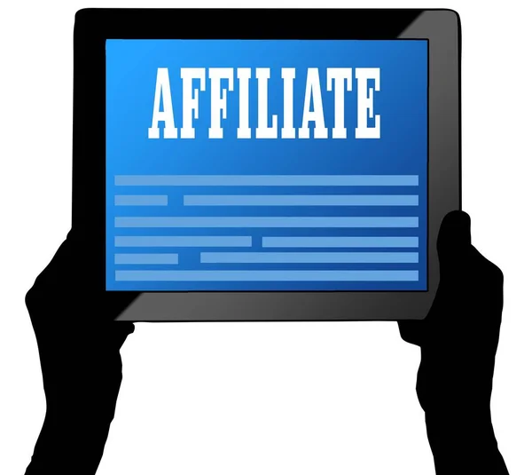 AFFILIATE on tablet screen, held by two hands. — Stock Photo, Image