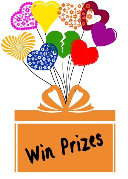 Hediye kutusu ile renkli kalpler üzerinde ödüller kazanmak — Stok fotoğraf