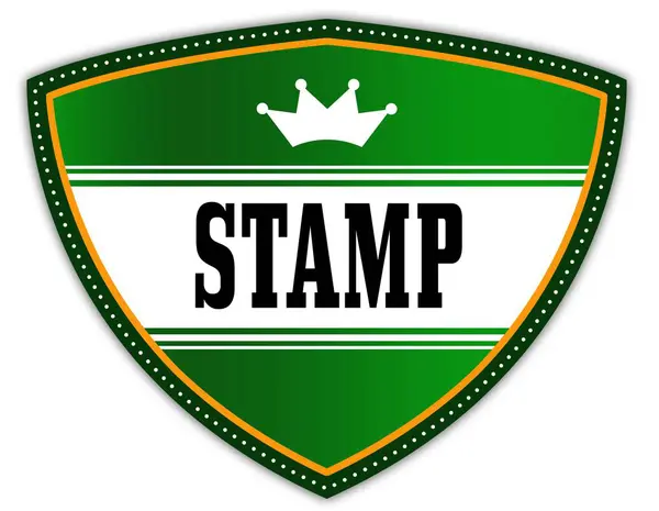 STAMP escrito em escudo verde com coroa . — Fotografia de Stock