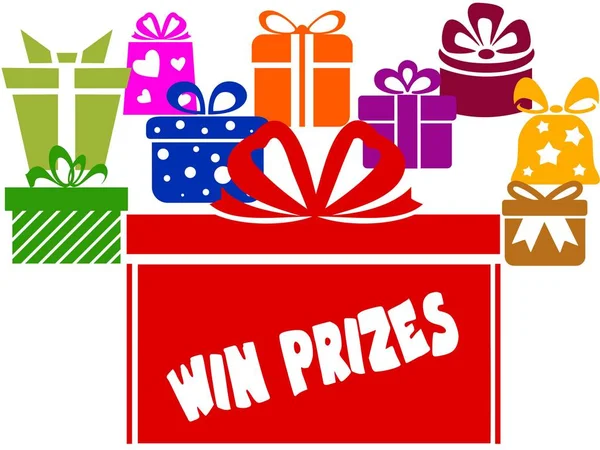 Gift boxes with WIN PRIZES text. — Stock Photo, Image