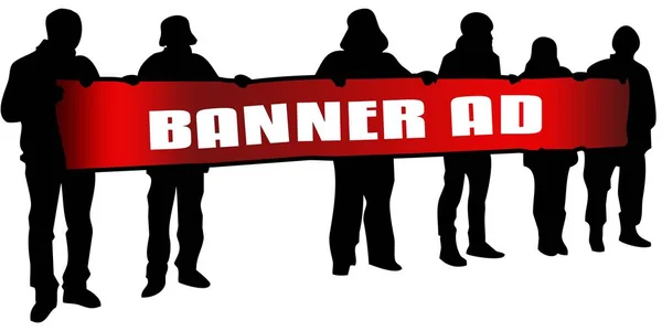 BANNER AD em bandeira vermelha realizada por silhuetas pessoas no rali . — Fotografia de Stock
