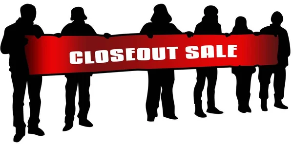 CLOSEOUT SALE on red banner held by people silhouettes at rally. — Stock Photo, Image