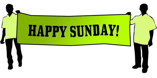 Mutlu Pazar günü iki adam tarafından taşınan bir yeşil afiş. — Stok fotoğraf