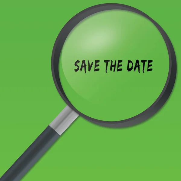 SAVE THE DATE text under a magnifying glass on green background. — Stock Photo, Image