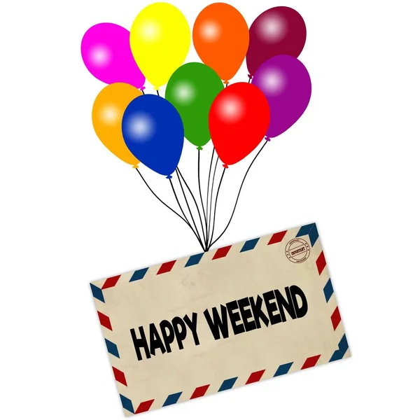 Glückliches Wochenende auf Umschlag gezogen von bunten Luftballons isoliert auf weißem Hintergrund — Stockfoto