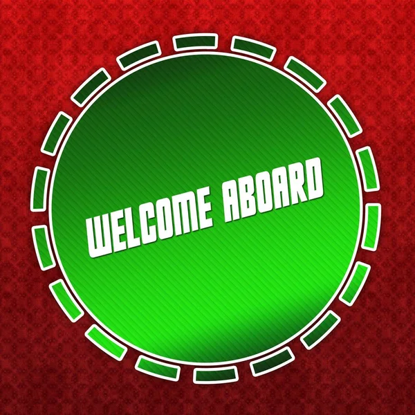 Green WELCOME ABOARD badge on red pattern background.