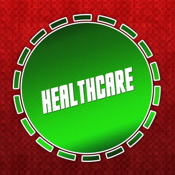 Opieki zdrowotnej zielony znaczek na tle czerwony wzór. — Zdjęcie stockowe