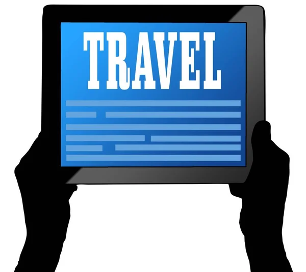 TRAVEL on tablet screen, held by two hands. — Stock Photo, Image
