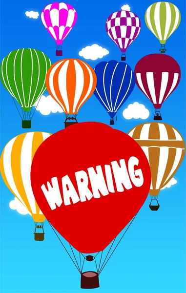 WARNING written on hot air balloon with a blue sky background. — Stock Photo, Image