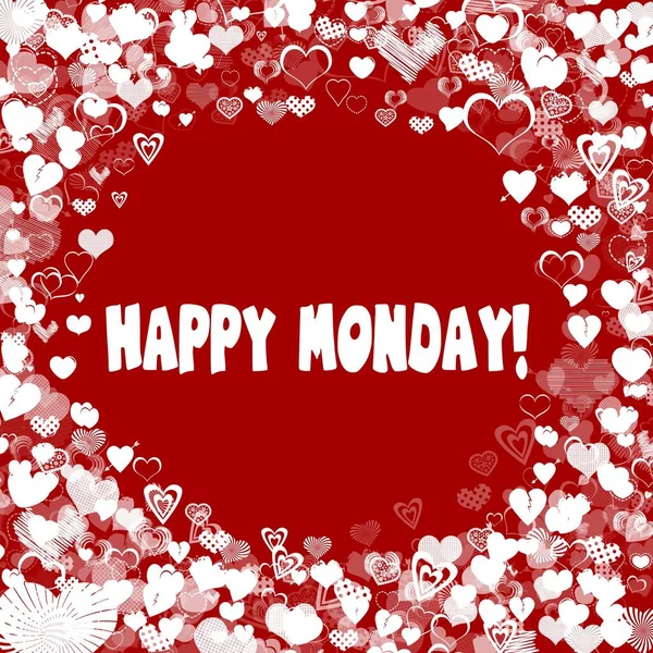 Hearts frame with HAPPY MONDAY   text on red background.