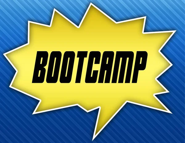 Bright yellow speech bubble with BOOTCAMP message. Blue striped background.