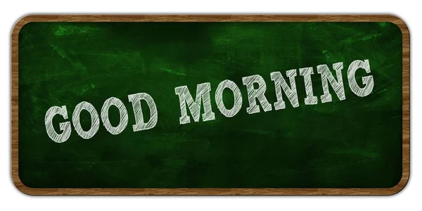 Goedemorgen geschreven met krijt op groene schoolbord. Houten frame. — Stockfoto