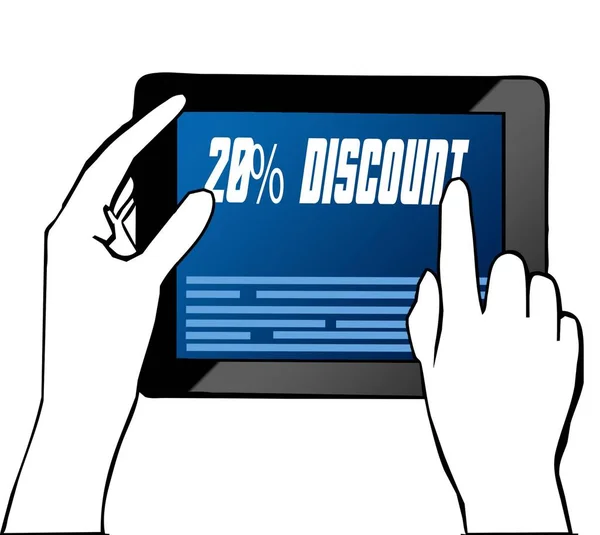 Hand pointing at 20 PERCENT DISCOUNT text on tablet. Illustration. — Stock Photo, Image