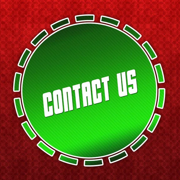 Green CONTACT US badge on red pattern background. — Stock Photo, Image