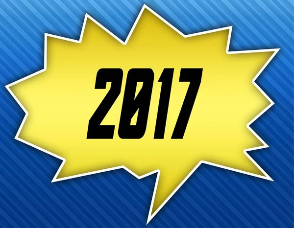 Bright yellow speech bubble with 2017 message. Blue striped background. — Stock Photo, Image