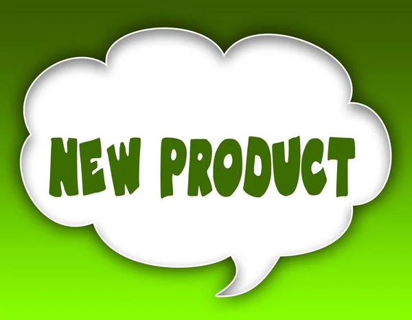 NEW PRODUCT message on speech cloud graphic. Green background.
