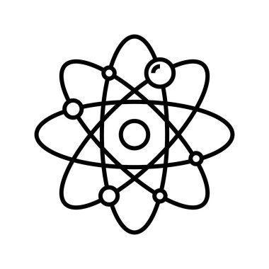 Atom model çizgisi simgesi, konsept işareti, taslak vektör çizimi, doğrusal sembol.