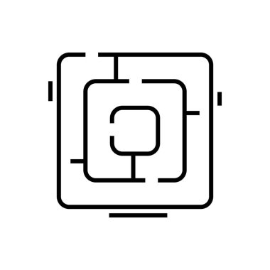 Bilgisayar çipi çizgi simgesi, kavram işareti, ana hatlı vektör çizimi, doğrusal sembol.