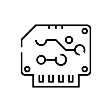 Bilgisayar kartı simgesi, kavram işareti, ana hatlı vektör çizimi, doğrusal sembol.