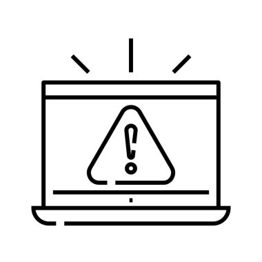 Bilgisayar antivirüs uyarı çizgisi simgesi, kavram işareti, ana hatlı vektör çizimi, doğrusal sembol.