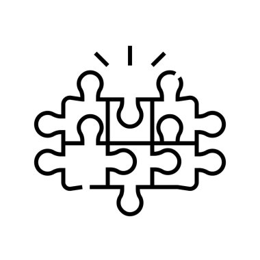 Tamamlanmış bulmaca çizgisi simgesi, kavram işareti, özet vektör çizimi, doğrusal sembol.