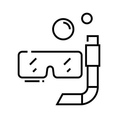 Dalış ekipmanı çizgisi simgesi, kavram işareti, ana hatlı vektör çizimi, doğrusal sembol.