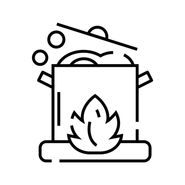 Kochen auf offenem Feuer, Konzeptzeichen, Umrissvektorillustration, lineares Symbol. — Stockvektor