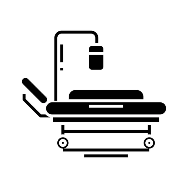 Czarna ikona łóżka pogotowia ratunkowego, ilustracja koncepcyjna, wektor płaski symbol, znak glifa. — Wektor stockowy