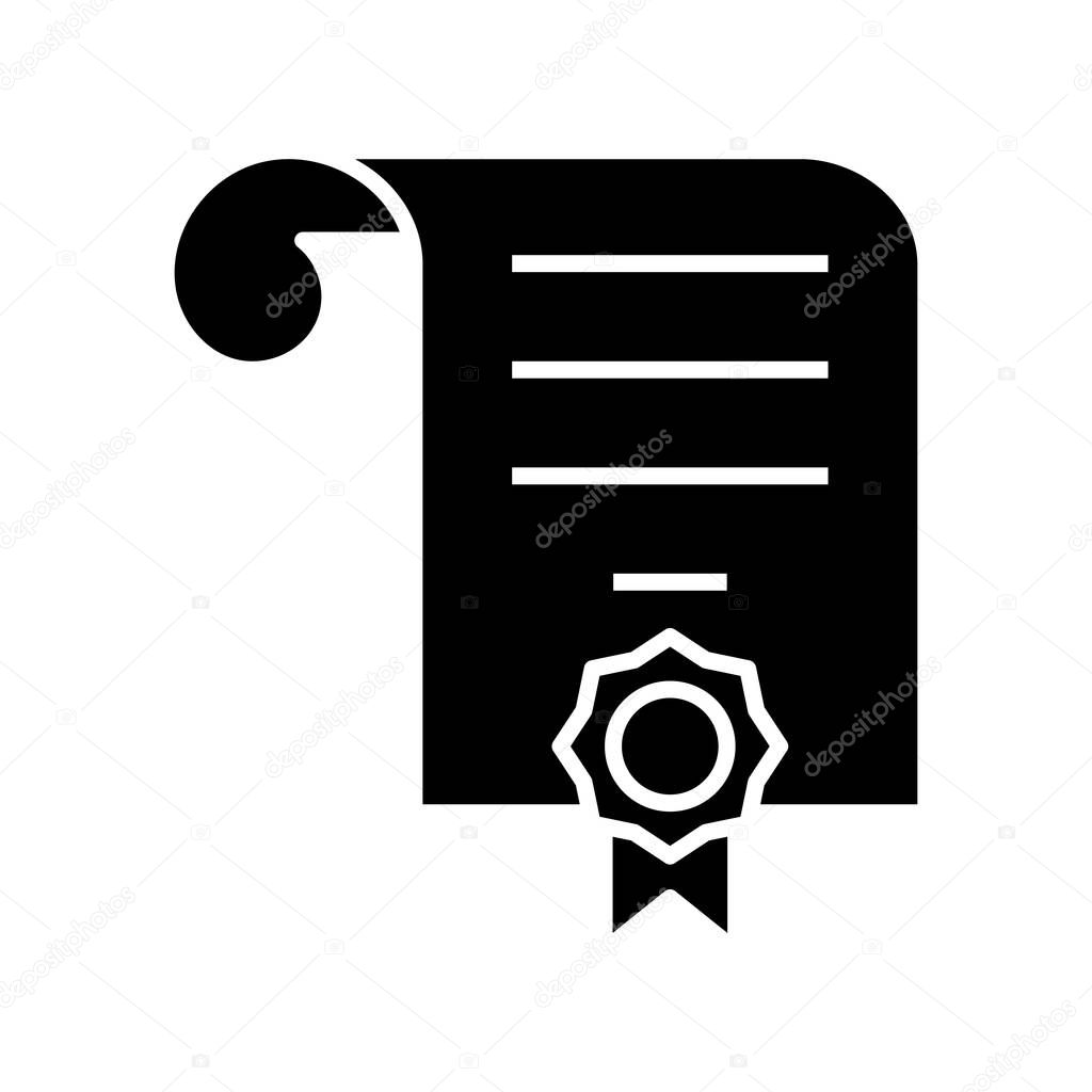 Award certificate black icon, concept illustration, vector flat symbol, glyph sign.