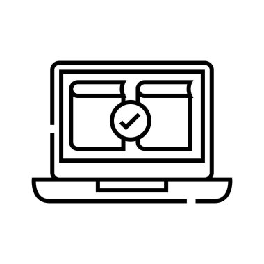 Elektronik ders kitabı satır simgesi, konsept işareti, ana hatlı vektör illüstrasyonu, doğrusal sembol.